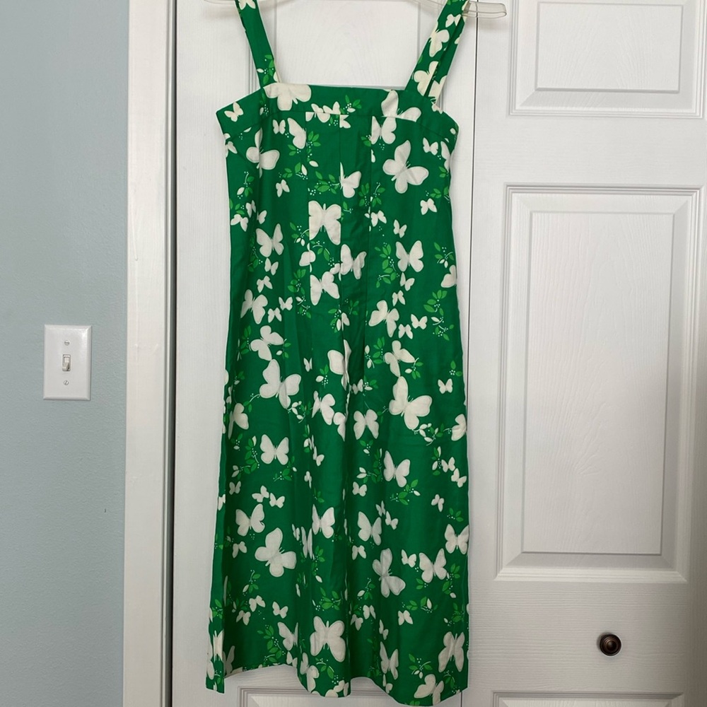 Retro green and white butterfly print sheath/slight a-line dress